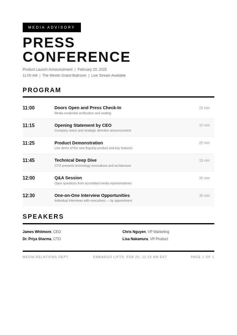 Press release agenda